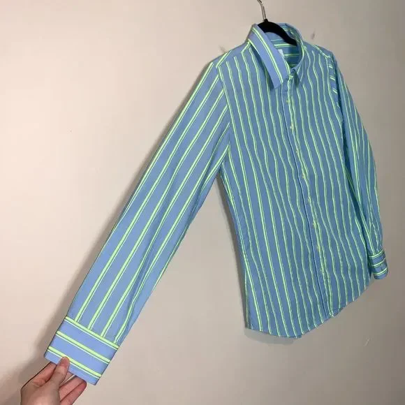 The Shirt by Rochelle Behrens The Icon Shirt in Blue & Lime Green Stripe Size S - Picture 5 of 12